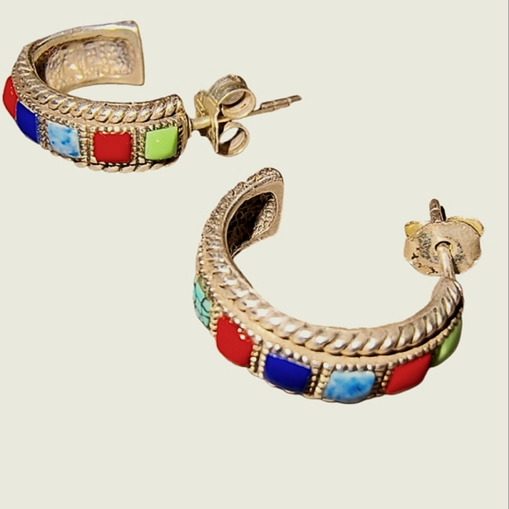 Multi Stone Inlaid Post Earrings in 925 Sterling Silver